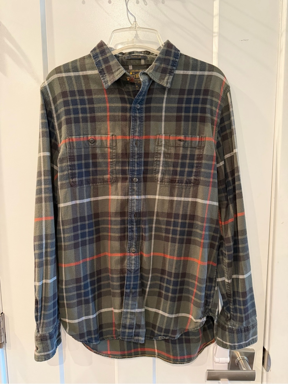 Lucky Brand Olive Plaid Button-Down with Navy and Orange/Red Trim